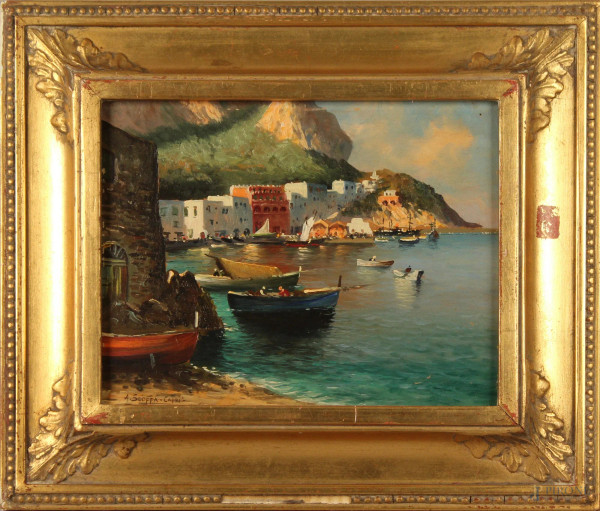 Costa amalfitana con barche, olio su tavola, cm 20x26, firmato, entro cornice.