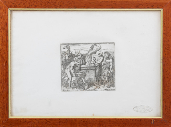 Orazio Borgianni, Sacrificio di Noè, XX secolo, acquaforte su carta, cm 33x47, entro cornice, (segni di usura, foxing, tracce di umidità, ondulazioni della carta)