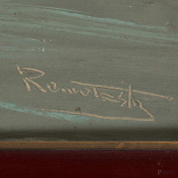 Remo Testa, Pescatore al tramonto, XX secolo, cm 60x120, firmato in basso a destra, entro cornice...