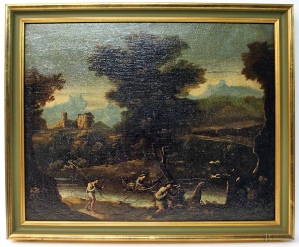 Paesaggio fluviale con figure su sfondo rovine, olio su tela, cm 58x73, XVIII sec., entro cornice.