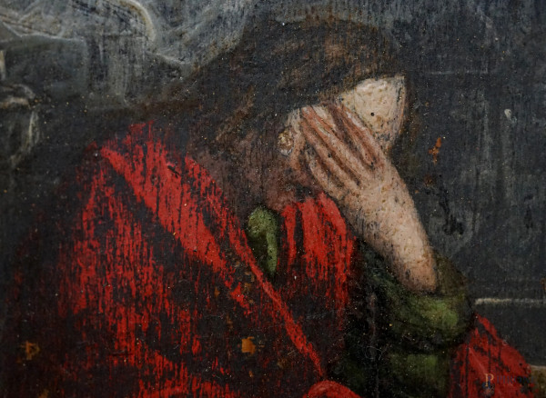 Deposizione di Cristo, antico dipinto ad olio su tavola, cm 25x20, entro cornice, (difetti)