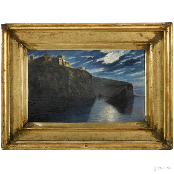 Castello sul mare, olio su tavola, XX secolo, cm 35,5x52,5, (difetti)