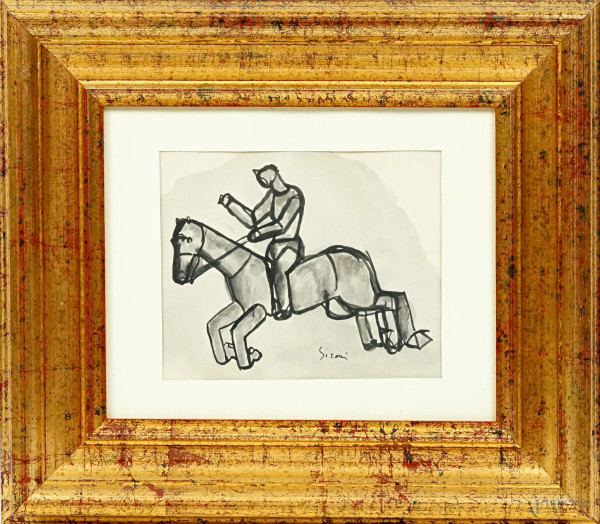 Uomo a cavallo, acquarello su carta, cm 13,5x17, firmato, entro cornice