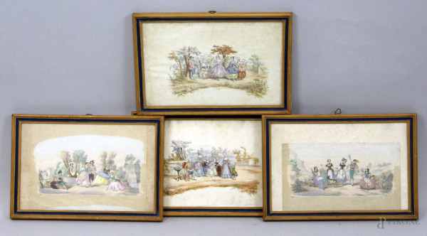 Quattro incisioni acquerellate raffiguranti  scene cortesi settecentesche, cm 20,5x32, XIX secolo, entro cornici,  (difetti).