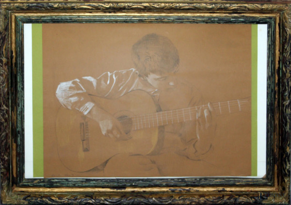 Carlo Bertocci - Ragazzo con chitarra, tecnica mista su carta, cm. 50x65, entro cornice.