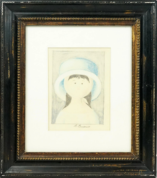 Antonio Bueno - Fanciulla con cappello azzurro, tecnica mista su cartone telato, cm 28,5x27, entro cornice