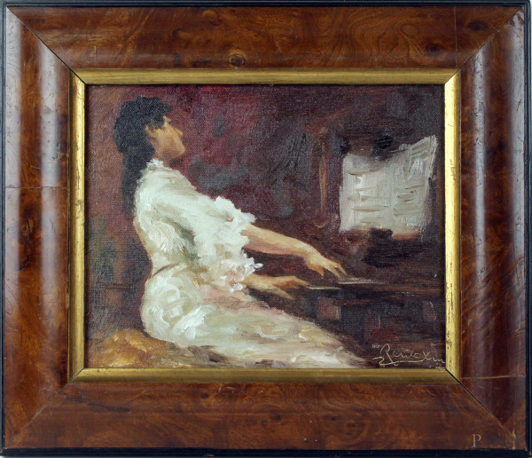 La pianista, olio su masonite, cm. 18x24, firmato, entro cornice.