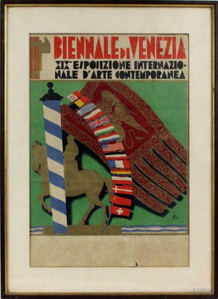 Manifesto a colori della Biennale di Venezia 1934, cm 44,5x30, (difetti).