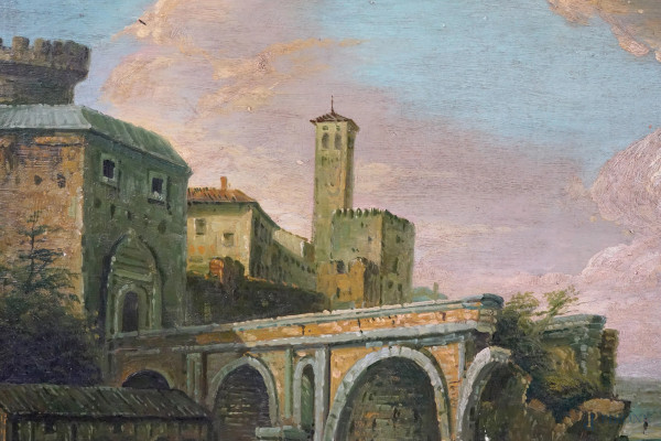 Capriccio con figure, olio su tavola, firmato, cm 44x73, entro cornice