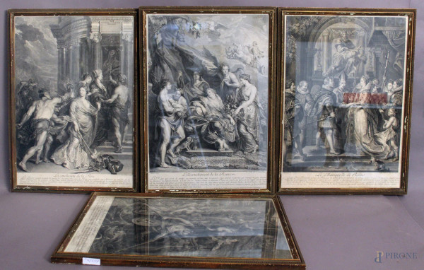 Da Rubens, Quattro antiche incisioni raffiguranti diverse scene di vita di Maria De Medici, entro cornice.