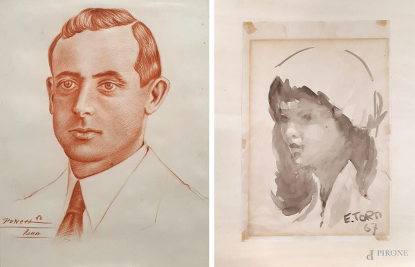 Artisti del Novecento
Ritratto maschile, 1952, sanguigna su carta, cm 41x32, e Ritratto femminile, 1967, acquarello bruno su carta, cm 35x23, firmati e datati
