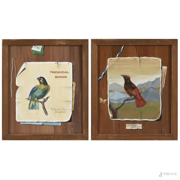 Coppia di trompe l'oeil raffiguranti volatili, XX secolo, tempera su compensato, cm 48x40,5, entro cornice