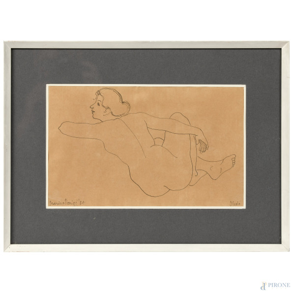 Marino Parigi (1904-1988), Nudo, inchiostro su carta, cm 31x43 compreso passepartout, firmato e datato "54" in basso a sinistra e titolato in basso a destra, entro cornice, (lievi abrasioni e piegature della carta)
