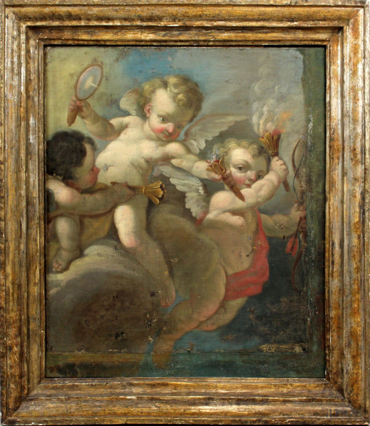 Scuola francese del XVIII secolo, Allegoria con putti, olio su tela, cm 80x68, entro cornice, (difetti).