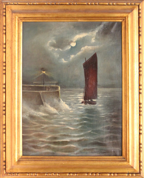 Marina con barca, olio su tela, cm 40 x 30, entro cornice.
