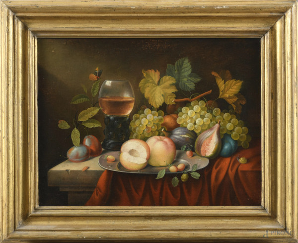 Natura morta con frutta, XX secolo, olio su tela, cm 29,5x39, entro cornice