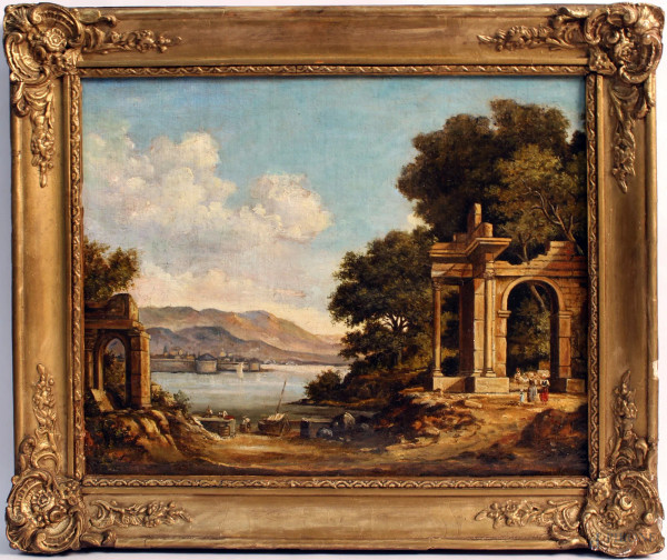 Paesaggio fluviale con architettura e figure, dipinto dell&#39;Ottocento, olio su tela, cm 42 x 33, entro cornice.