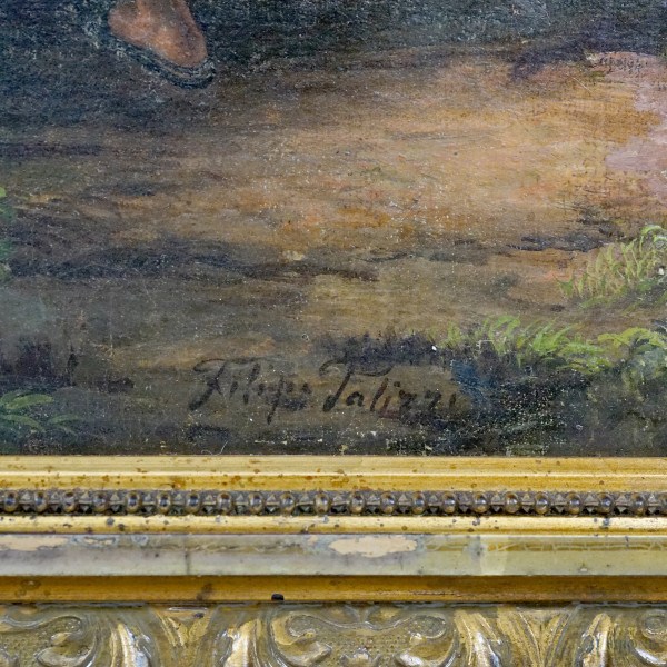 Pastorella, XIX secolo, olio su tela applicata su cartone, cm 50x33, firmato, entro cornice, (dif...