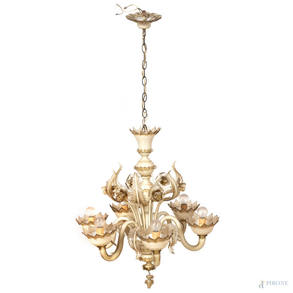 Lampadario a sei luci in vetro Murano, XX secolo, cm 114x65x65 ca., (segni di usura, difetti)
