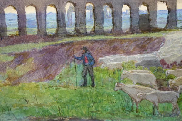 Paesaggio con acquedotto, XIX secolo, acquerello su carta, cm 32x50, entro cornice, (difetti)