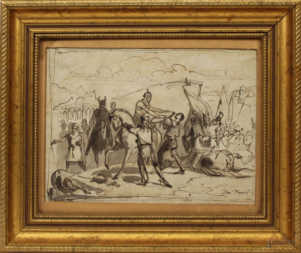 Scena di battaglia, acquarello monocolore su carta 23x28 cm, firmato Tiepolo, entro cornice.