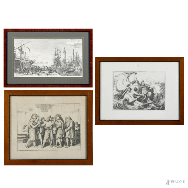Lotto di tre stampe a  soggetto vario, XX secolo, misure massime cm 47x64, entro cornice, (tracce di umidità, foxing, piegatura, difetti)