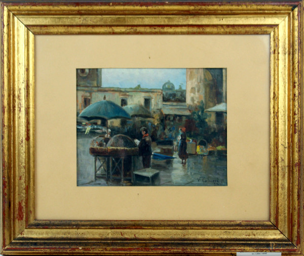 Scena di mercato, olio su tavola, cm. 15x19,5, a firma Colucci, entro cornice.
