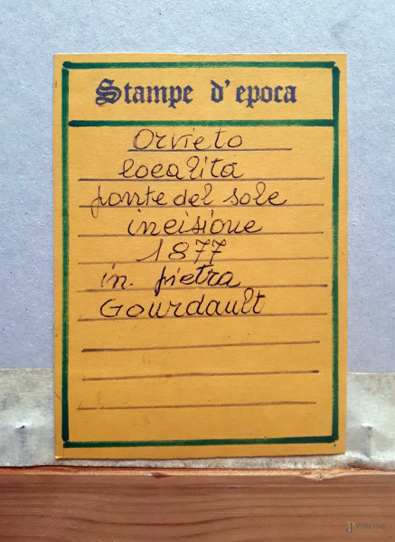 Antica incisione ottocentesca raffigurante scena rurale con veduta di Orvieto, cm 45x35, con corn...