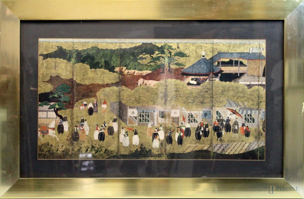 Visitatori portoghesi in Giappone, stampa a colori da Kano Naizen, cm 45x86, XX secolo, entro cornice.