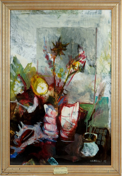 Mimmo Fiorelli - Vaso con fiori, olio su cartone, cm 57,5x38, entro cornice