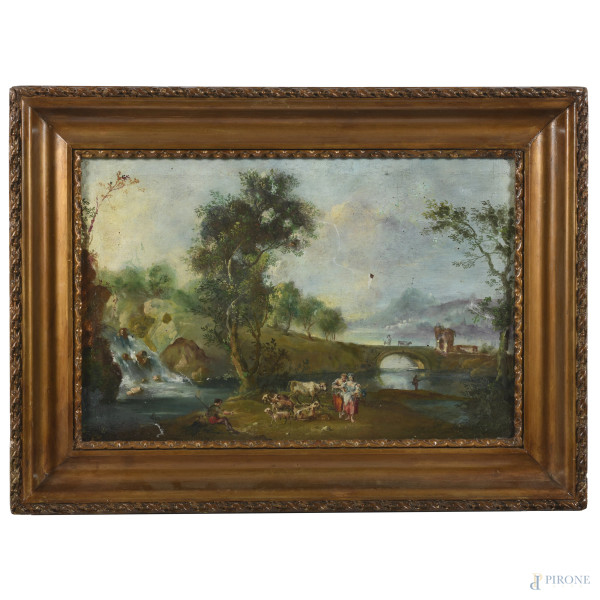 Paesaggio con figure e armenti, XIX-XX secolo, olio su tela, cm 40,5x60, entro cornice, (sollevamenti e cadute di colore, craquelure, tela da ritensionare)