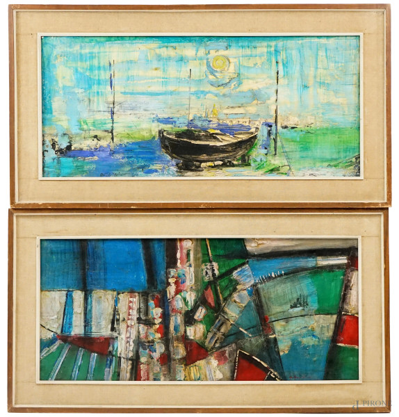 Antonis Ninos - Senza titolo e marina con barca, due dipinti ad olio su cartone, cm 44,5x94,5, entro cornici, (difetti e macchie).