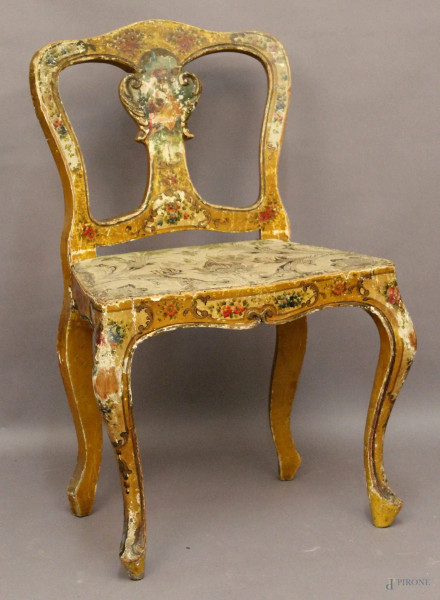 Antica sedia in legno laccato e dipinto in stile veneziano.