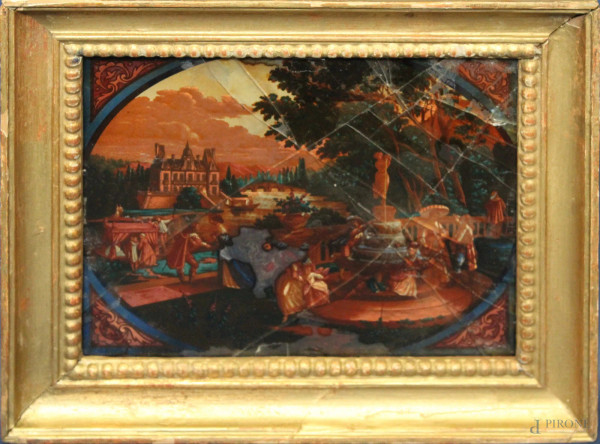 Paesaggio con figura, dipinto sotto vetro, cm 20 x 24, entro cornice.