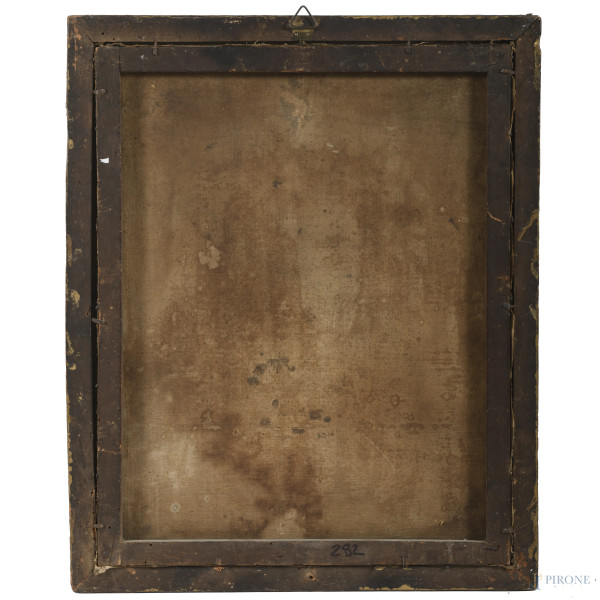 Velo della Veronica, XIX secolo, olio su tela, cm 52x42, entro cornice, (craquelure e piccole cad...