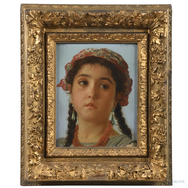 Adriano Bonifazi, (1858-1914), Ritratto di fanciulla di Capri, olio su tavola, cm 24,5x19,5, firmato in alto a sinistra e datato 