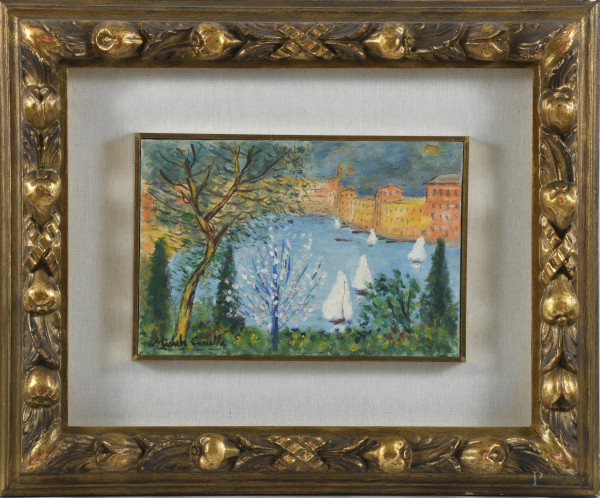 Michele Cascella (1892-1989), Veduta di Portofino, olio su tela cm 20x30, entro cornice, corredato di certificazione di autenticità firmata dall'artista rilasciata dalla Galleria Spagnoli