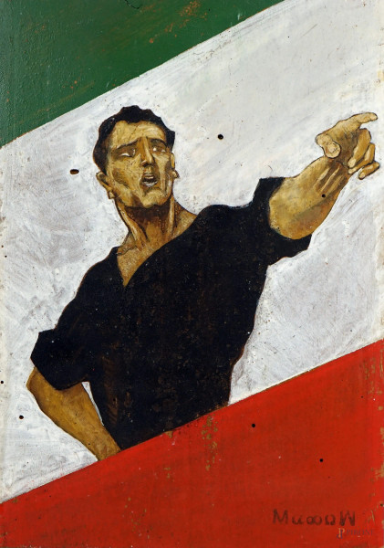 Uomo in camicia nera, tecnica mista su compensato, cm 27,5x19,5, siglato, (difetti).