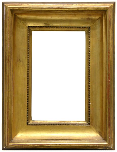 Antica cornice Salvator Rosa in legno modanato illuminata a foglia d’oro zecchino, dimensioni originali, luce interna cm 37x23, ingombro totale cm 56x42