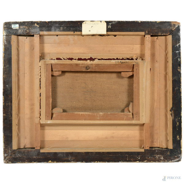 Capriccio, XIX secolo, olio su tela, cm 21x34,5, entro cornice, (segni di usura, difetti, solleva...