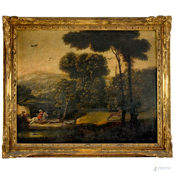 Coppia di dipinti raffiguranti paesaggi con figure, olio su tela, cm 79x99, XVIII secolo, (difett...