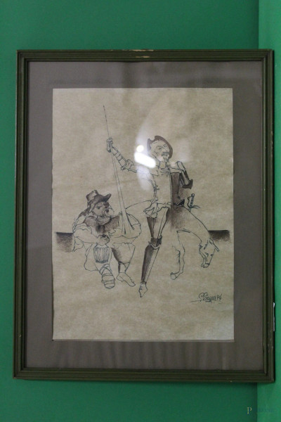 Don Chisciotte, tecnica mista su carta, 33x24 cm, entro cornice