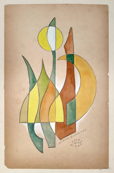 Composizione futurista, tempera su carta, cm 23x14, firmato e titolato, in cornice