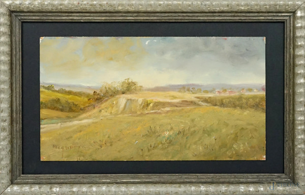 Campagna romana, olio su cartoncino, cm 17,5x32, firmato Magnani, in cornice