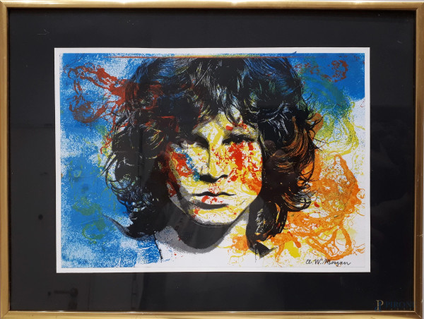 Pop Art, Jim Morrison, acrilici e tecnica mista su xerografia, cm 21x30, firmato e datato, con cornice