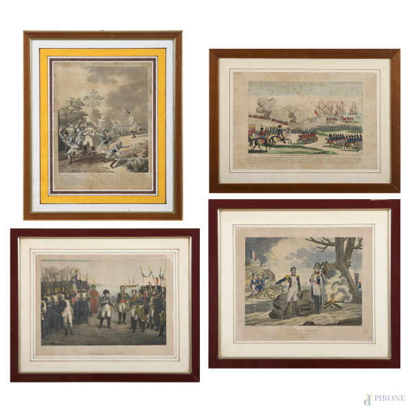 Lotto di quattro stampe a soggetto militare, XIX-XX secolo, misure massime cm 38x53, entro cornice, (segni di usura, foxing, gore, ondulazioni della carta, tracce di umidità, bruniture, difetti)