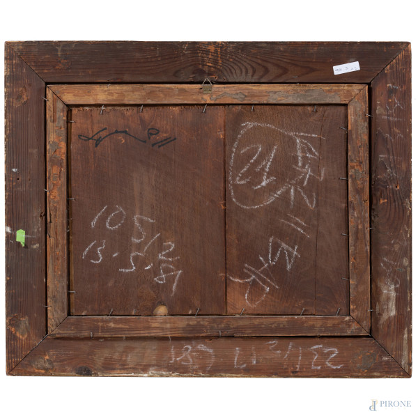 Coppia di paesaggi, XX secolo, olio su cartone, cm 29x29, entro cornice, (segni di usura, difetti...