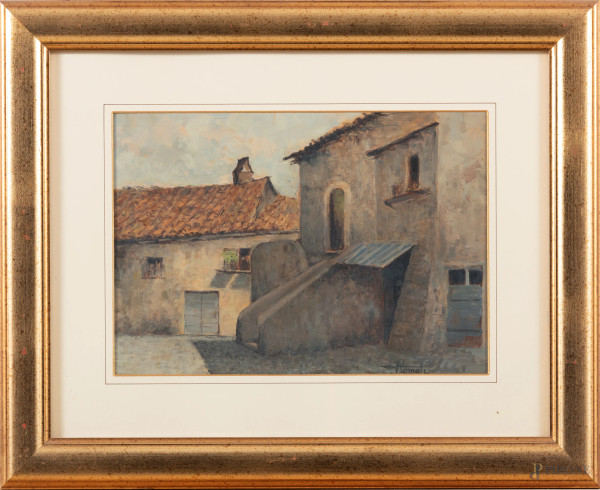 Giulio Romoli, Coppia di dipinti ad olio su compensato rappresentanti scorcio di paese e pollaio, XX secolo, cm 24x34, firmati e datati, entro cornice
