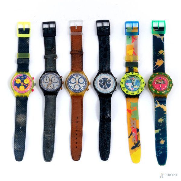 Lotto di sei orologi Swatch, misura massima cm 23, (segni di usura, da revisionare)