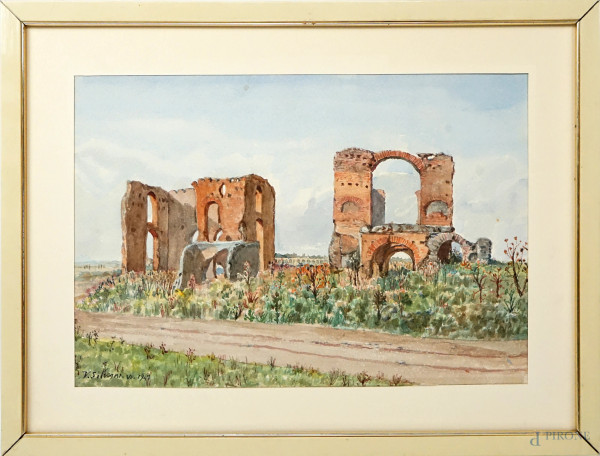 Rovine della Villa dei Quintili, acquarello su carta, cm 34,5x50,5, circa, firmato, entro cornice.